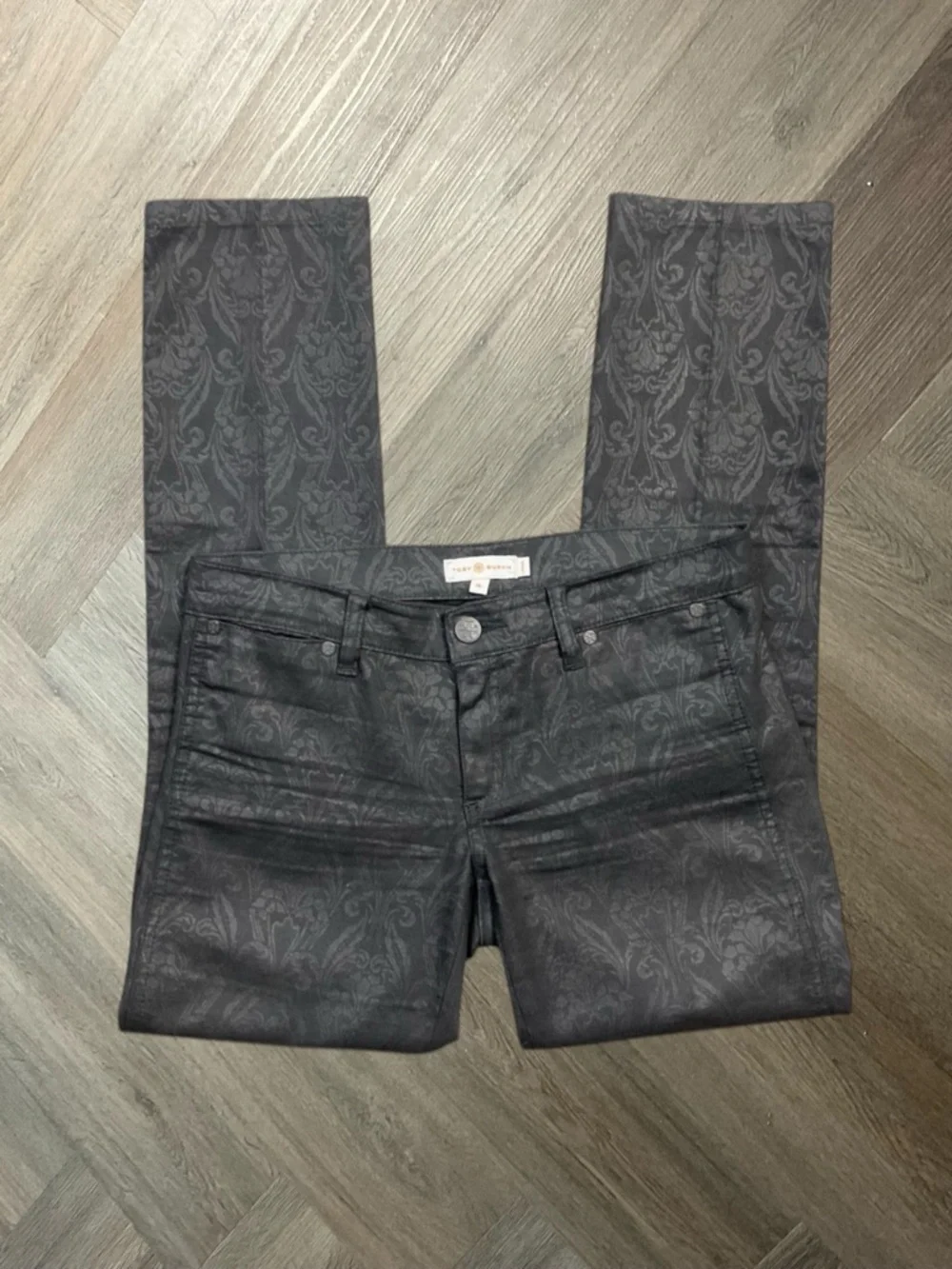 Tory Burch Baroque Jacquard Skinny Stretch Pants Womens 26 Black Designer Classy
